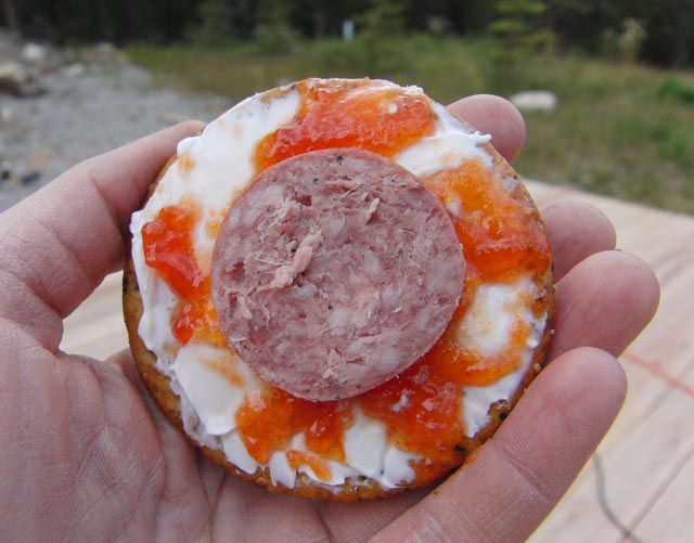 A cracker with cream cheese, soopolallie jalapeno jelly, and summer sausage. Delicious!