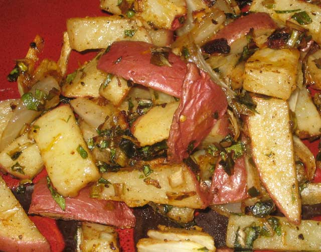 Gregg's oven-fried red potatoes with finely chpped dandies.
