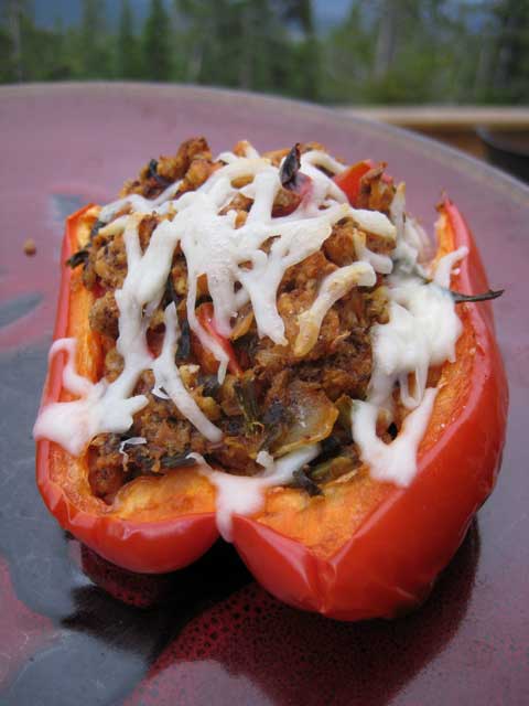 Stuffed pepper with wild mushrooms, dock, and recycled bread, topped with mozzarella cheese.