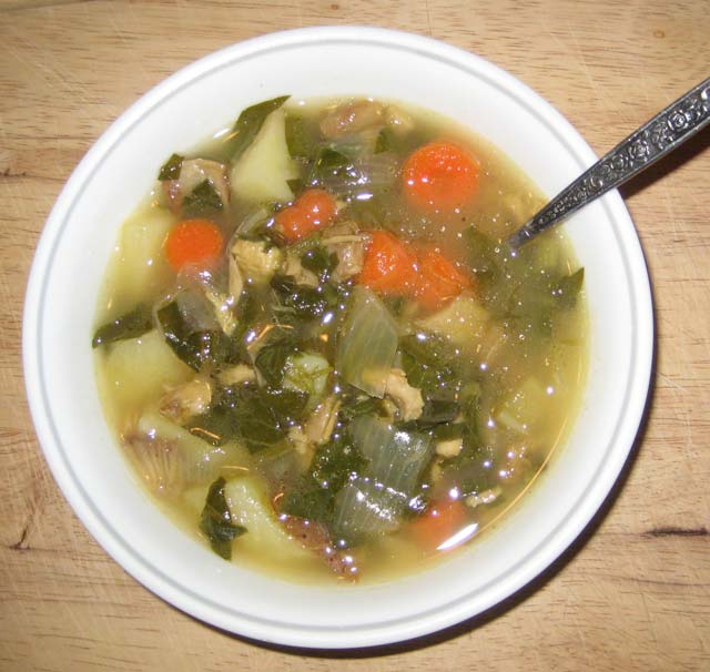 Turkey and curly dock soup, made with a repurposed T-day turkey carcass and wild plants.