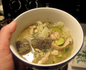 Chicken soup flavored with stinging nettle spice and accented with stinging nettle gnocchi dumplings.
