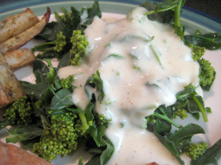 Cheesy mustard sauce atop wild mustard--not a bad combo, we discovered by accident.
