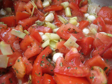 Cold cattail heart and tomato salad, loosely based on a cold salad mom likes to make.