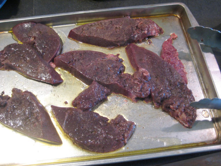 Dad sliced the big antelope liver vertically and soaked the slices in buttermilk for two hours before pan-frying, but we still determined them marginally edible.