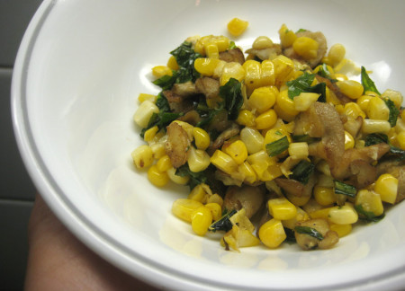 Fresh corn, puffball, and fall dandelion saute. I thought the combo was awesome!