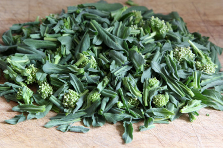 Chopped whitetop or hoary cress bud clusters, stem bits, and leaves.